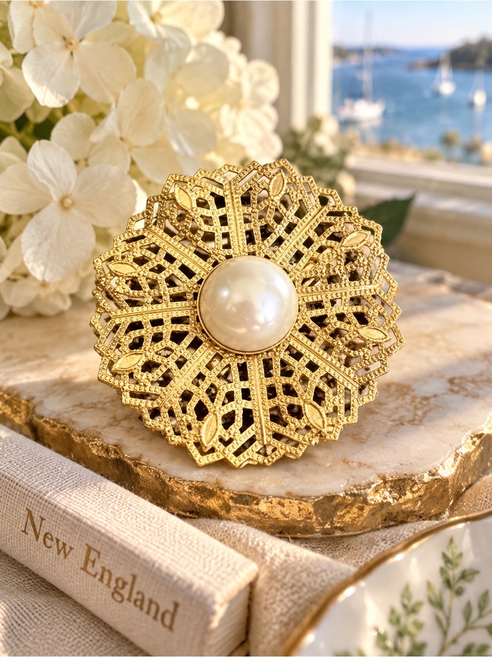 Vintage Gold Tone Filigree Brooch Large Faux Pearl Center | Ornate Lace Openwork